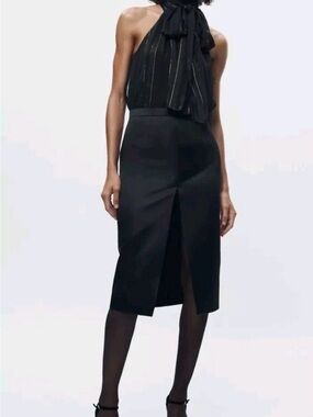 Zara Black Satin Midi Pencil Skirt with Center Front Slit